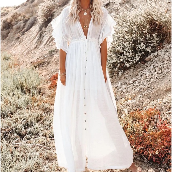 #30 Gorgeous White Bohemian Button Down Vacation Flowy Ruffled Resort Maxi Dress - Picture 2 of 10